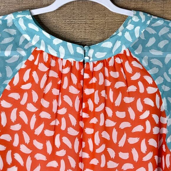 Boden Sylvie Sheer Lined Top Crop Sleeve Blood Orange Teal Brushstroke SZ 8 - Picture 7 of 10